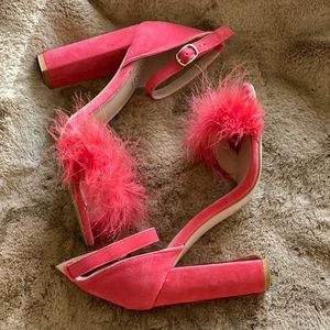 Orange faux fur block heel